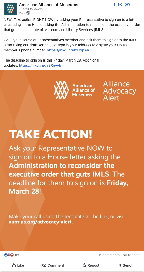 American alliance of museums Linkedin post